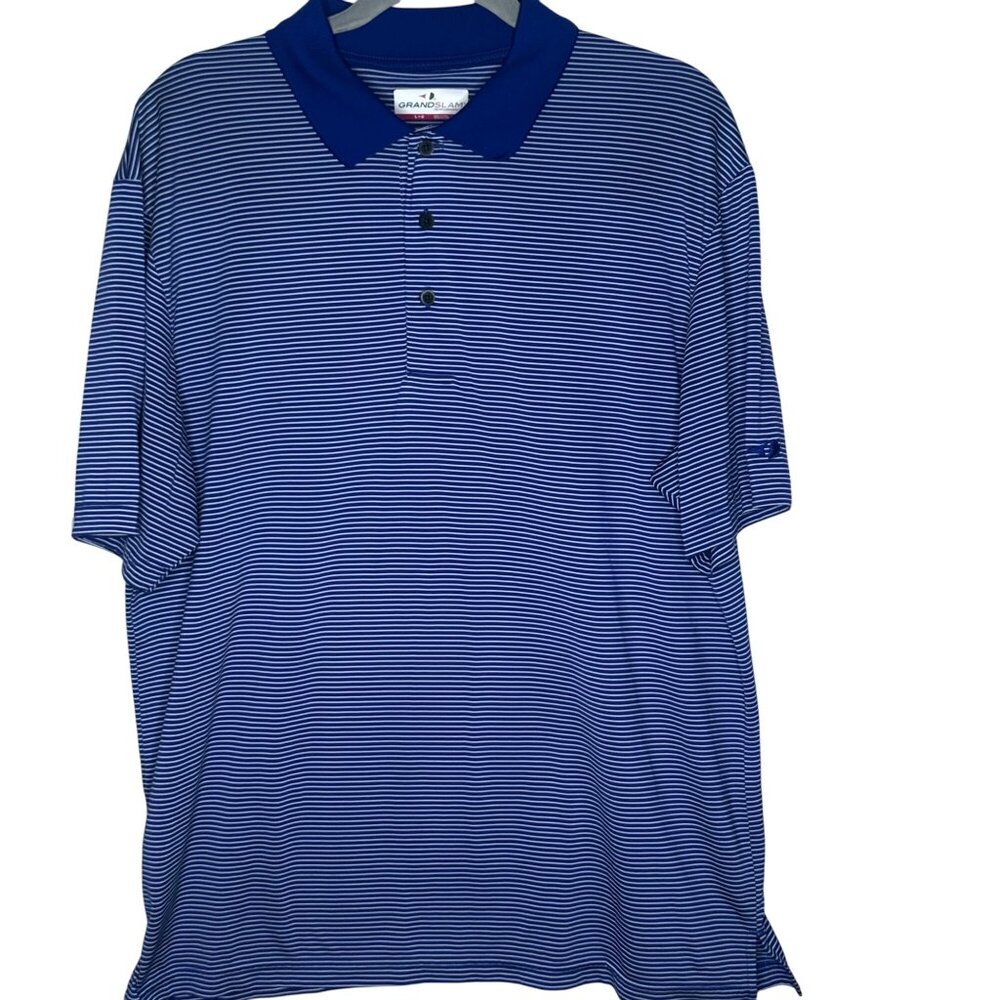 Grand Slam Performance Mens Striped Polo Shirt Blue & White Size L Golf Wear